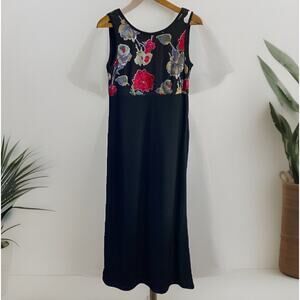 VTG 90s Y2K Velvet Burnout Maxi Dress Black Floral Gown Size 9 / 10 Goth Witchy